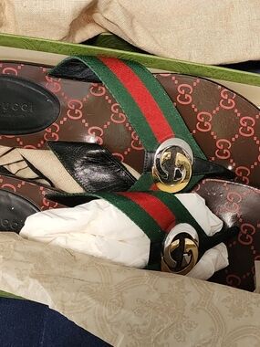 Gucci Green & Red Web Leather Flip Flops with Gold Double G